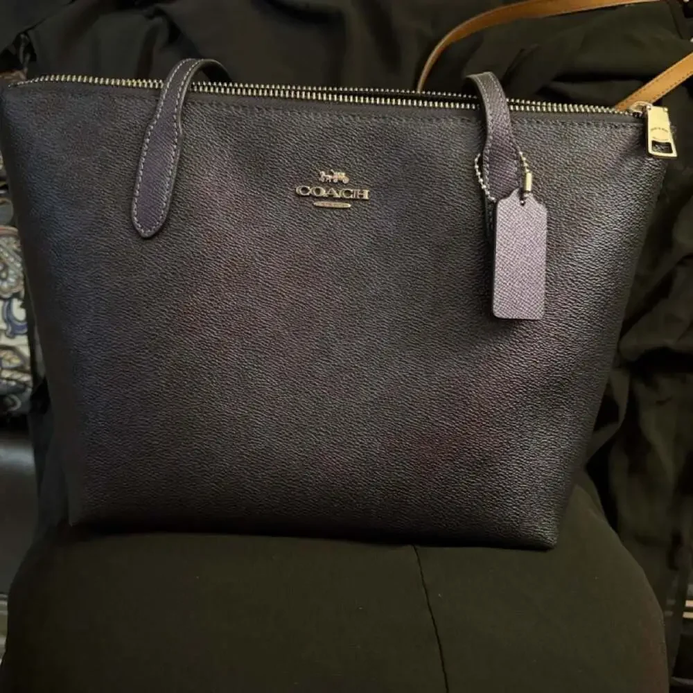 Coach Leather Zip Top Tote Bag Black